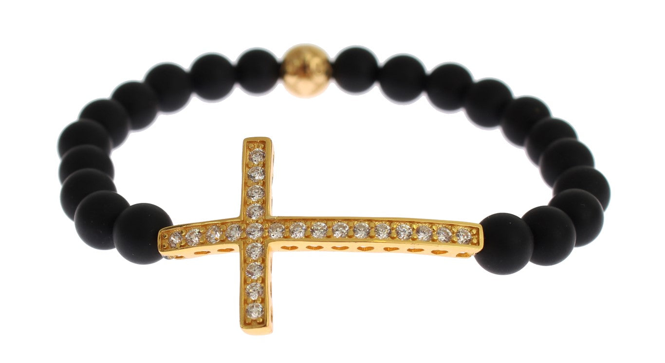 Nialaya Mattes Onyx-Stein-Gold-CZ-Kreuz-Armband aus 925er Silber