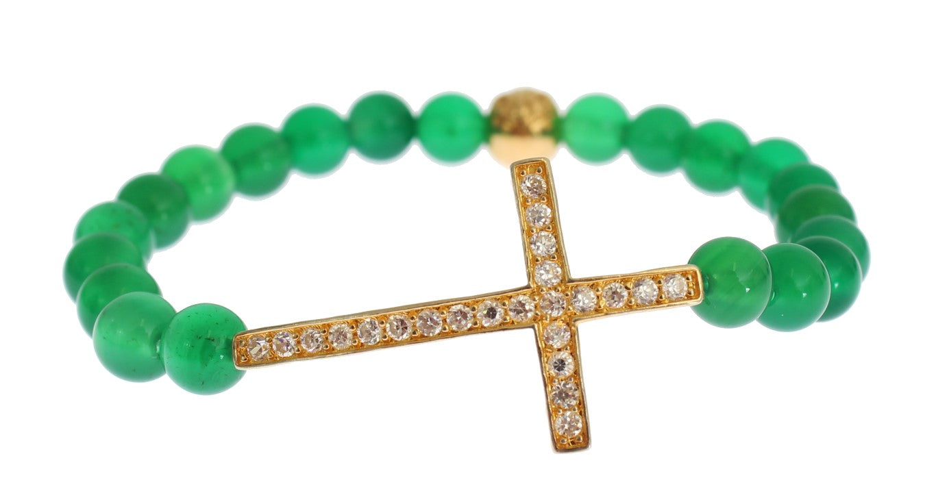 Nialaya Jade Stone Gold CZ Kreuz 925 Silber Armband