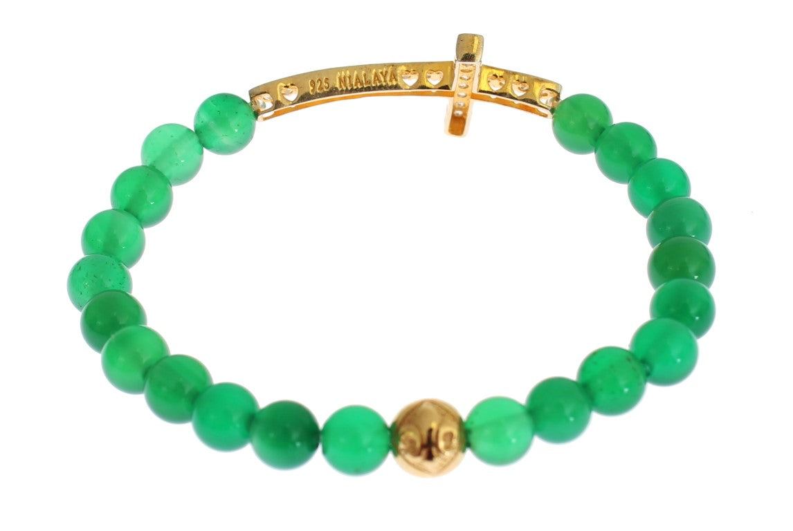 Nialaya Jade Stone Gold CZ Kreuz 925 Silber Armband