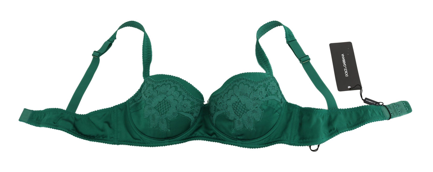 Dolce &amp; Gabbana Grüne Seiden-Stretch-BH-Unterwäsche mit floraler Spitze