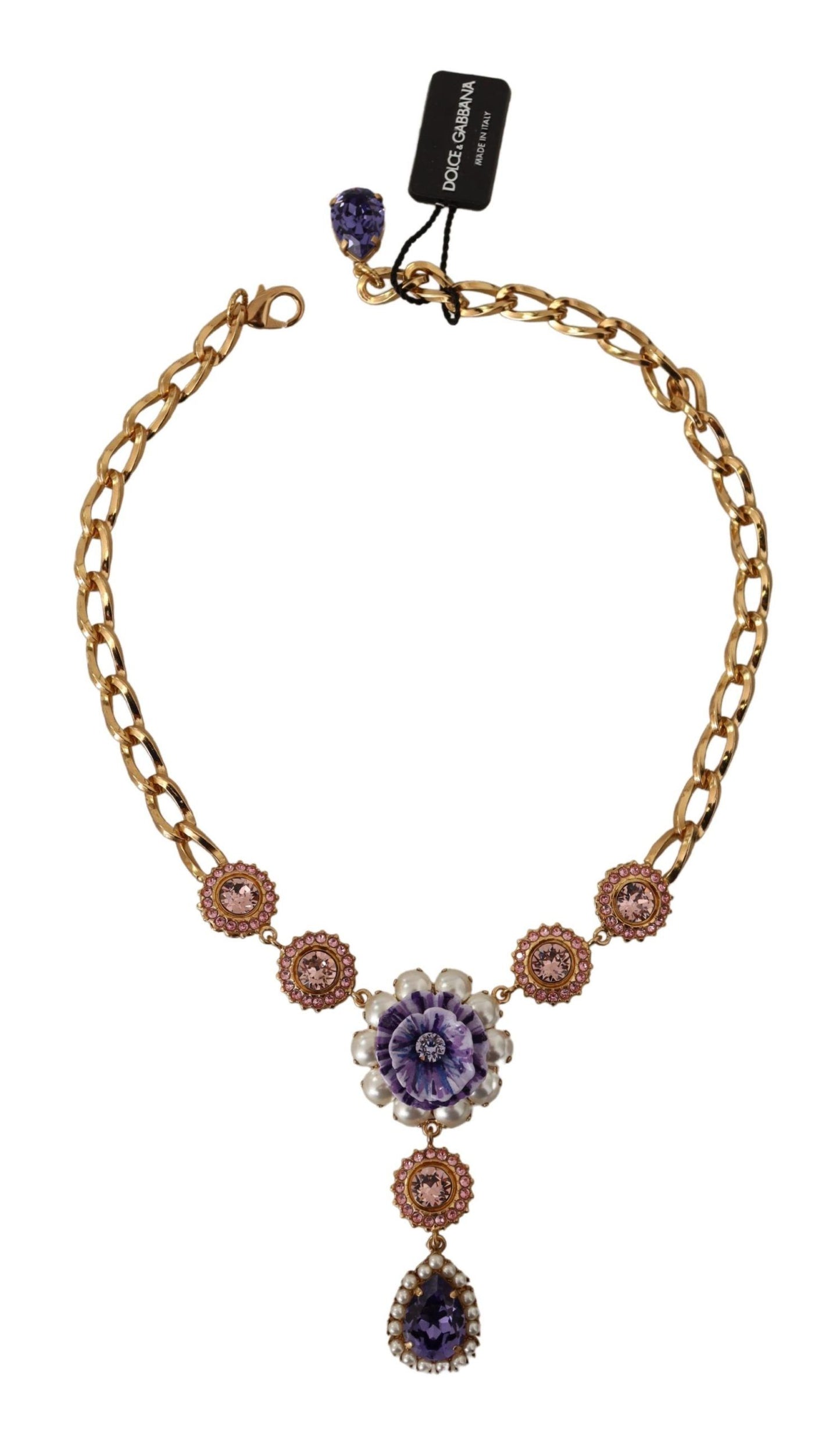 Dolce & Gabbana Elegant Floral Crystal Statement Necklace, , Dolce & Gabbana 30% Crystals, 5% Pearl, 5% Plastic, Dolce & Gabbana, Gold, Material: 60% Brass, Necklaces - Women - Jewelry, new-with-tags -   Murillo Merchandise