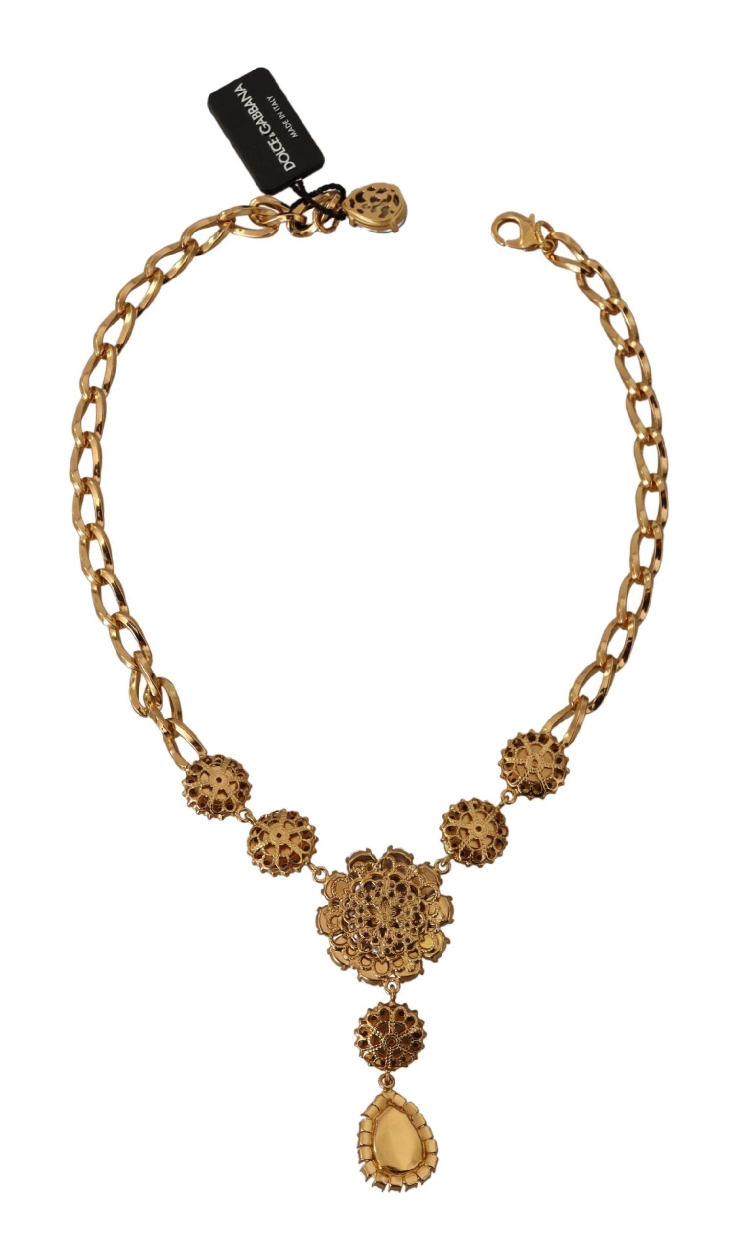 Dolce & Gabbana Elegant Floral Crystal Statement Necklace, , Dolce & Gabbana 30% Crystals, 5% Pearl, 5% Plastic, Dolce & Gabbana, Gold, Material: 60% Brass, Necklaces - Women - Jewelry, new-with-tags -   Murillo Merchandise