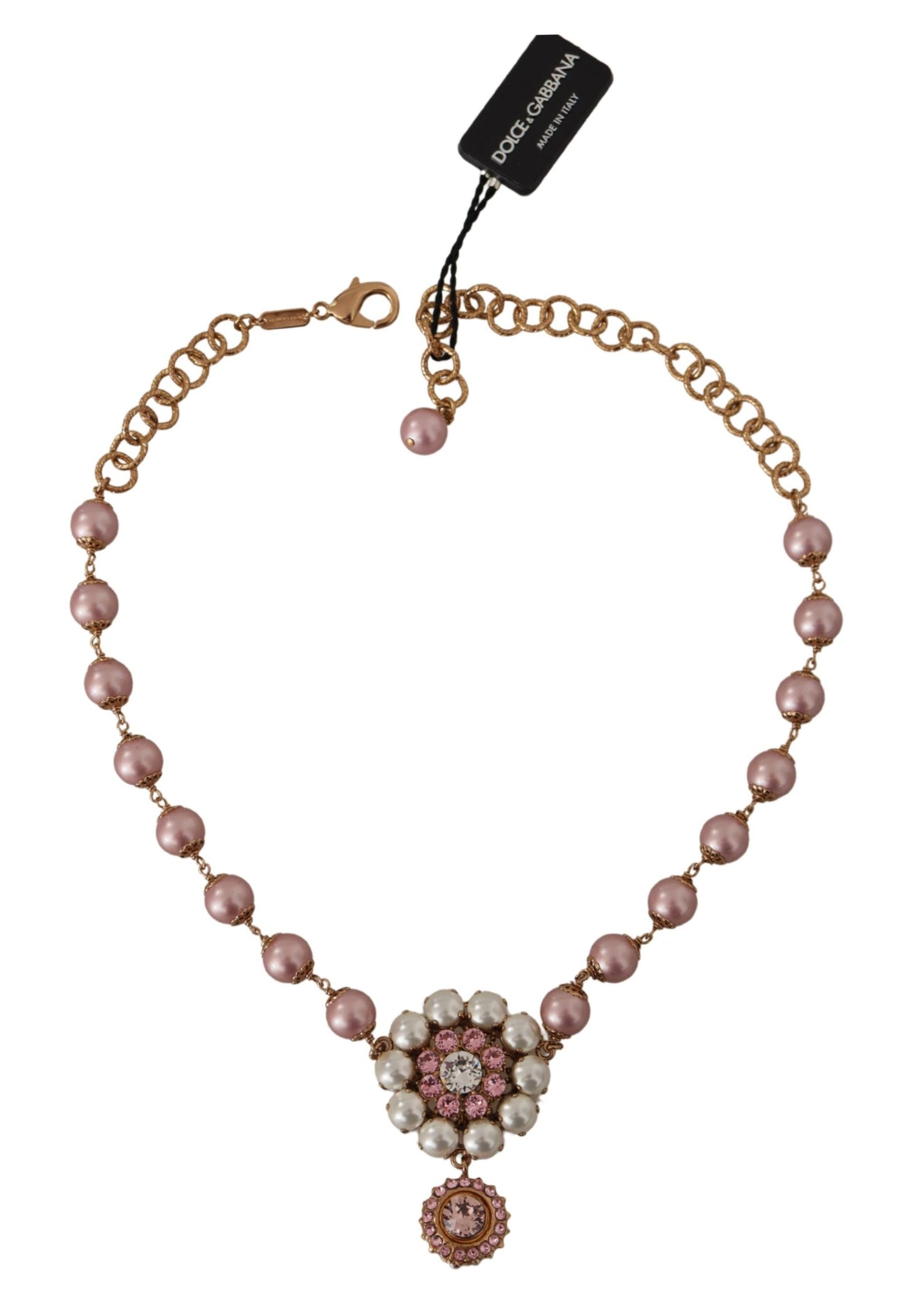 Dolce & Gabbana Elegant Gold Crystal Floral Statement Necklace, , Dolce & Gabbana 35% Glass, 5% Plastic, Dolce & Gabbana, Gold and Pink, Material: 60% Brass, Necklaces - Women - Jewelry, new-with-tags -   Murillo Merchandise