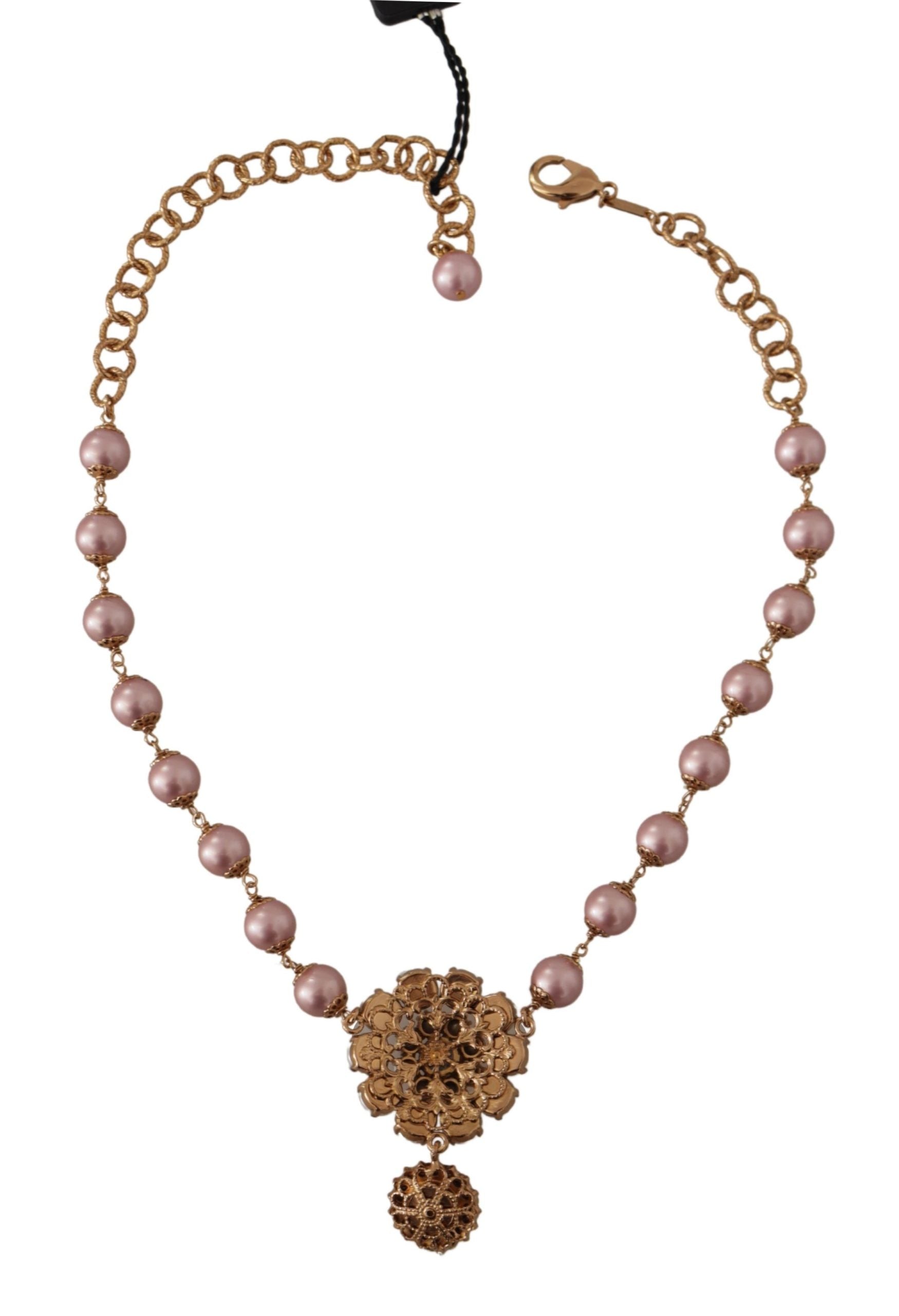 Dolce & Gabbana Elegant Gold Crystal Floral Statement Necklace, , Dolce & Gabbana 35% Glass, 5% Plastic, Dolce & Gabbana, Gold and Pink, Material: 60% Brass, Necklaces - Women - Jewelry, new-with-tags -   Murillo Merchandise