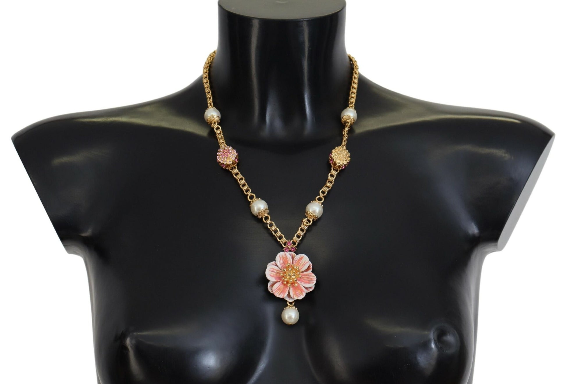 Dolce & Gabbana Elegant Floral Statement Charm Necklace, , Dolce & Gabbana 15% Glass, 20% Plastic, 5% Enamel, Dolce & Gabbana, Gold and Pink, Material: 60% Brass, Necklaces - Women - Jewelry, new-with-tags -   Murillo Merchandise