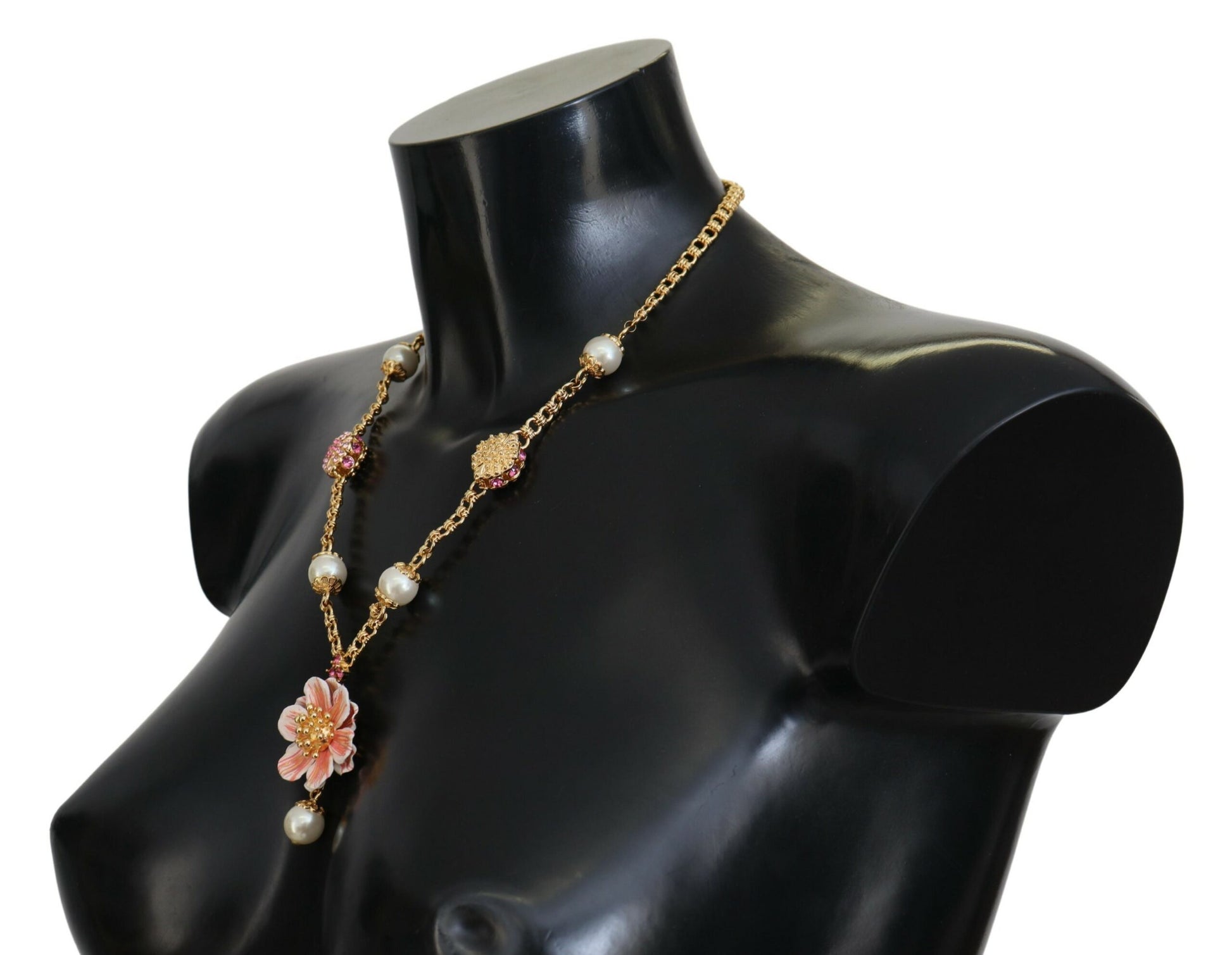 Dolce & Gabbana Elegant Floral Statement Charm Necklace, , Dolce & Gabbana 15% Glass, 20% Plastic, 5% Enamel, Dolce & Gabbana, Gold and Pink, Material: 60% Brass, Necklaces - Women - Jewelry, new-with-tags -   Murillo Merchandise