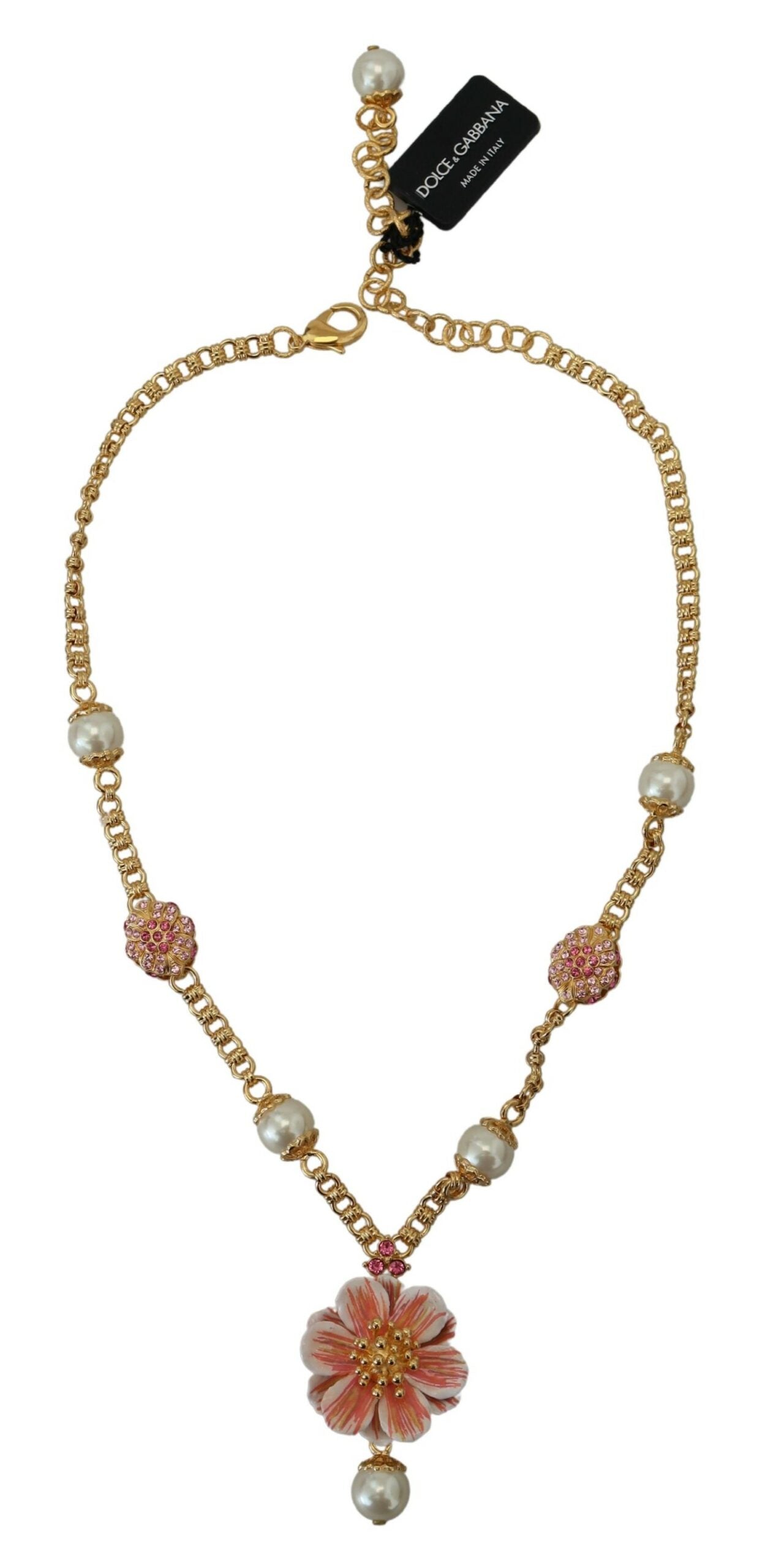 Dolce & Gabbana Elegant Floral Statement Charm Necklace, , Dolce & Gabbana 15% Glass, 20% Plastic, 5% Enamel, Dolce & Gabbana, Gold and Pink, Material: 60% Brass, Necklaces - Women - Jewelry, new-with-tags -   Murillo Merchandise