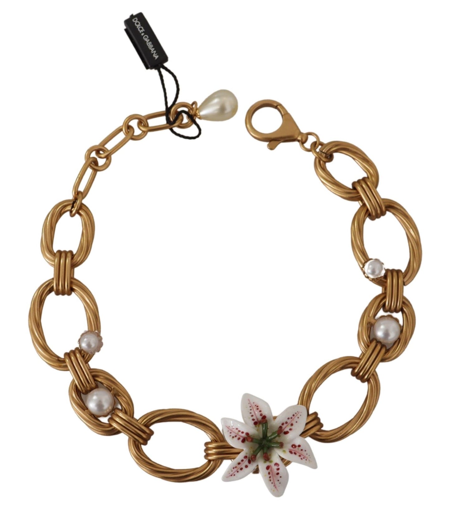 Dolce & Gabbana Elegant Gold Lilly Flower Pendant Necklace, , Dolce & Gabbana 25% Resin, 5% Glass, Dolce & Gabbana, Gold, Material: 70% Brass, Necklaces - Women - Jewelry -   Murillo Merchandise