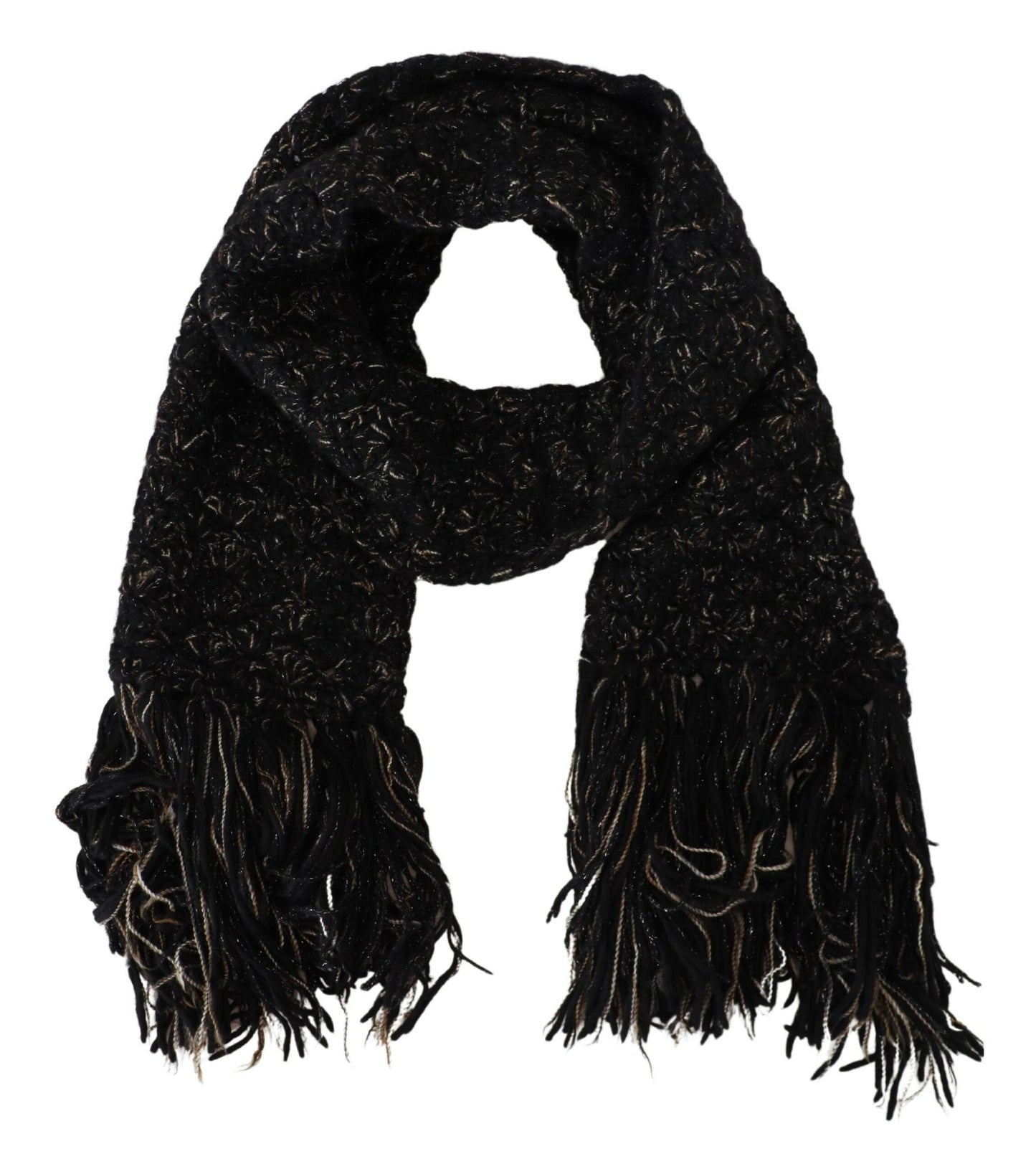 Dolce & Gabbana Black Wool Knitted Wrap Foulard Fringe Scarf, , Dolce & Gabbana Dolce & Gabbana, Material: 45% Virgin Wool 20% Nylon 15% Polyester 10% Acrylic 10% Alpaca, Scarves - Women - Accessories -   Murillo Merchandise