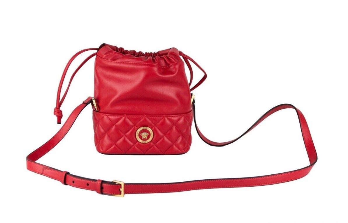 Versace Red Quilted Leather Drawstring Shoulder Bag Bucket Crossbody Handbag, , Versace Crossbody Bags - Women - Bags, Versace -   Murillo Merchandise