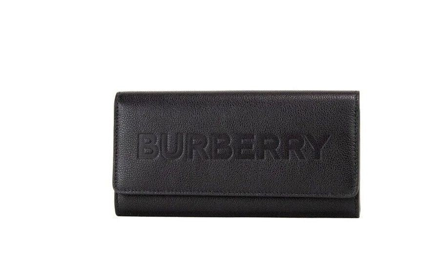 Burberry Porter Black Grained Leather Branded Logo Embossed Clutch Flap Wallet, , Burberry Burberry, Wallets - Women - Bags -   Murillo Merchandise